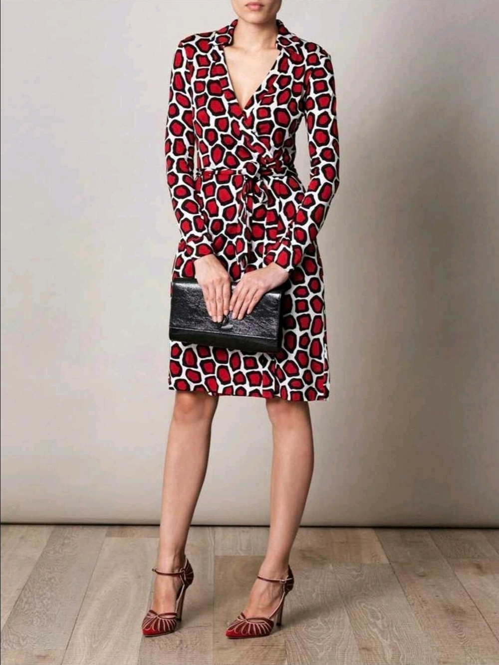 Diane Von Furstenberg Red and White Geometric Wrap Dress